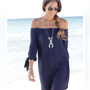 ALYA Navy Blue BOHO MIX OFF SHOULDER‎ DReSs